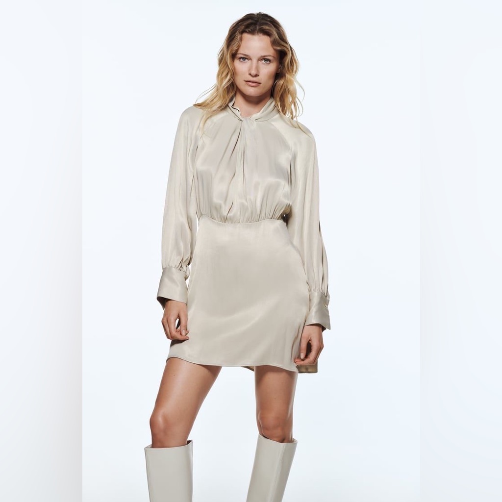 Zara | Dresses | Zara Silky Satin Knotted Cream Long Sleeve Dress Formal  Minimalist Modern | Poshmark